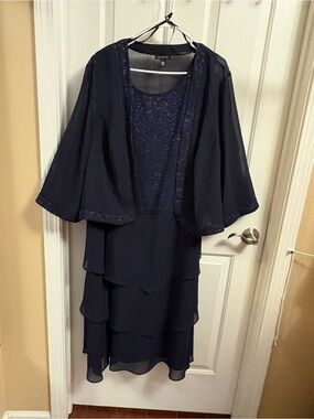 St. John Navy Layered Chiffon Evening Dress with Beaded Jacket